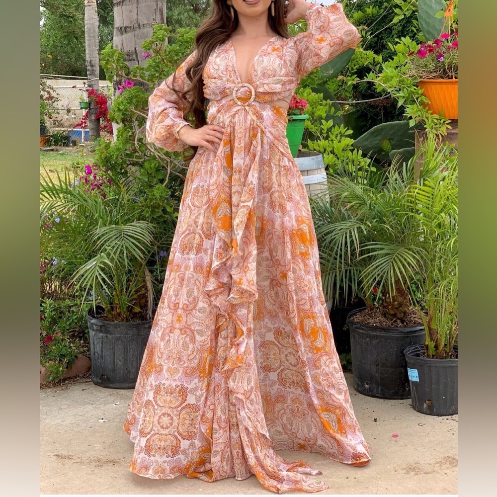 Bohemian Paisley Wrap Maxi Dress in Rust Pink